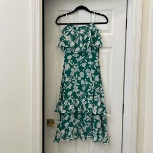 Lulus Dark Green Floral Ruffle Strapless Midi Dress Size M